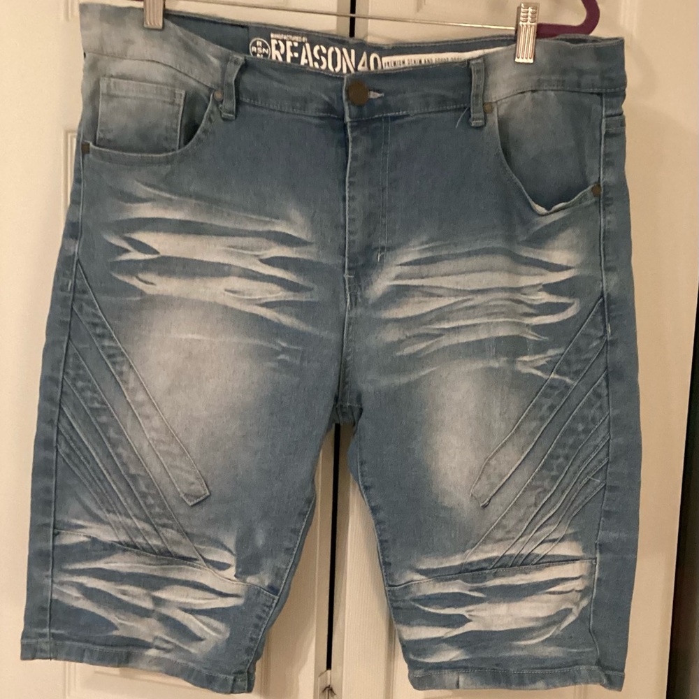 Reason Jeans Men's  Grunge Light Blue Distressed Denim Shorts